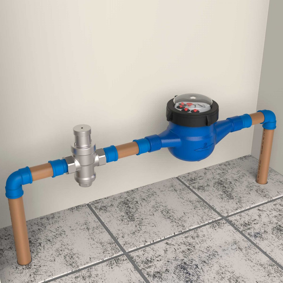 Imagem de uma parede com um cavalete de relógio de água e uma válvula redutora de pressão Blukit instalada.
