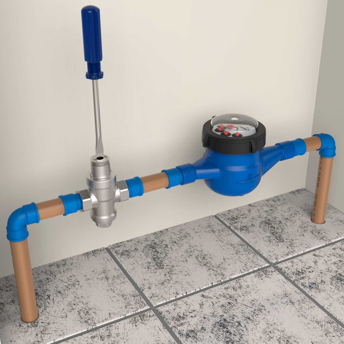 Imagem de uma parede com um cavalete de relógio de água e uma válvula redutora de pressão Blukit sendo instalada com uma chave de fenda.