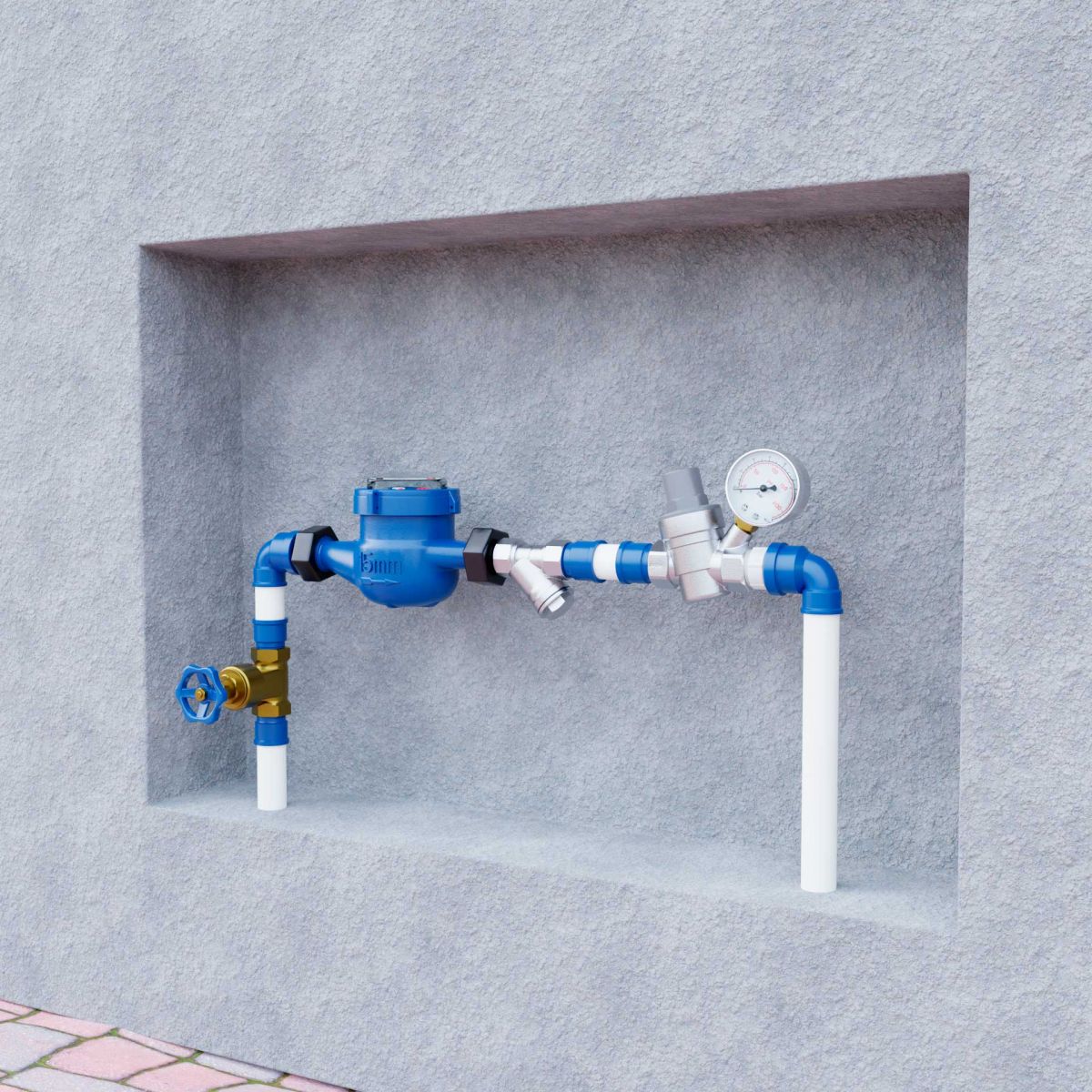 Imagem de uma parede com um cavalete de relógio de água e uma válvula redutora de pressão Blukit instalada.