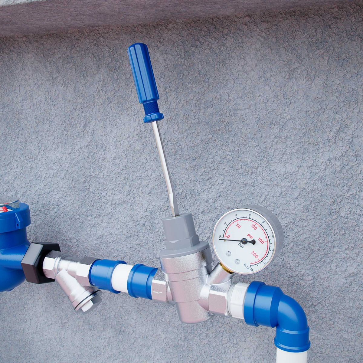 Imagem de uma parede com um cavalete de relógio de água e uma válvula redutora de pressão Blukit sendo instalada com uma chave de fenda.